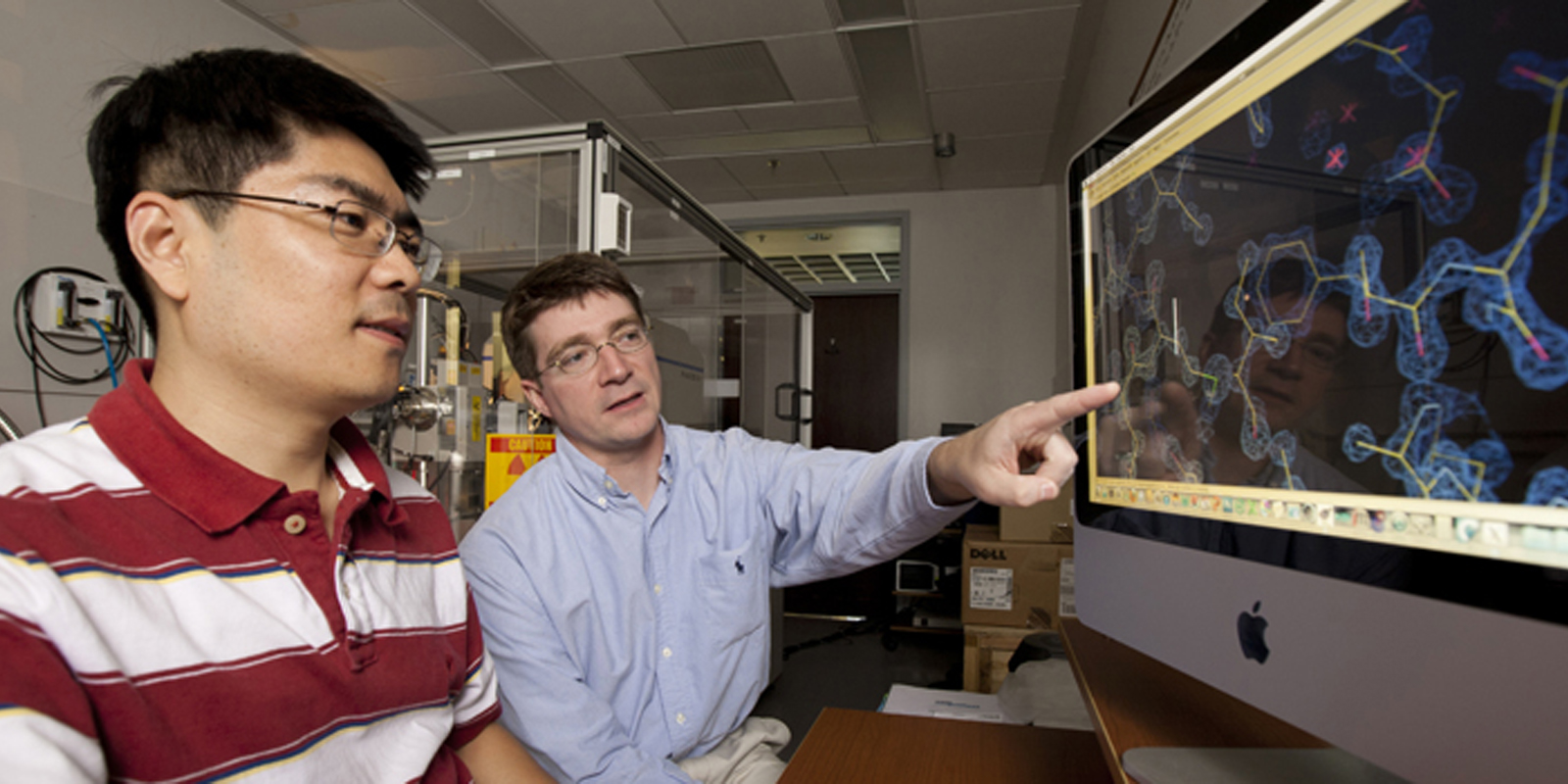 faculty looking at Molecular Mechanisms of Disease images on computer screen