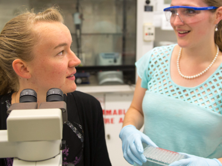 student and professor in lab discussing data